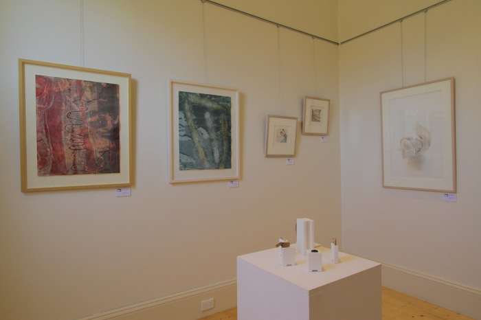 Monoprints by Richard Sullivan (L) and pencil drawing by Lee Shelden (R), with Georgina Duckett's installation 'Quintet' 